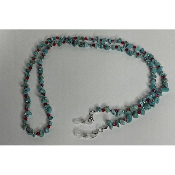 Eyeglass Chain 32" Turquoise Chips 4MM Red Glass Bicone Beads Handmade - Picture 3 of 7